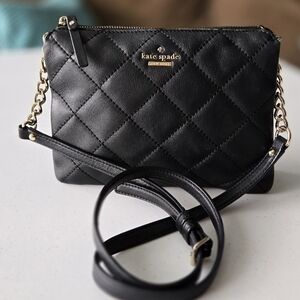 👛 Kate Spade Crossbody Bag Black Quilted Chain/Leather Strap Lt Pink Lining